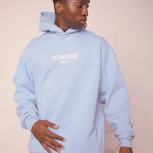 LEISURE CLUB PRINT ORGANIC OVERSIZED HOODIE IN POWDER BLUE